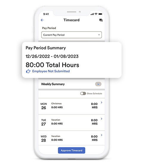 Screen shot of ADP payroll and HR platform timecard with the pay period summary enlarged in a mobile device 