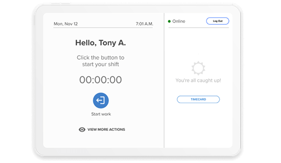 Employee time clock interface showing greeting, shift start time at 6:58 AM, and real-time shift duration of 3 minutes.