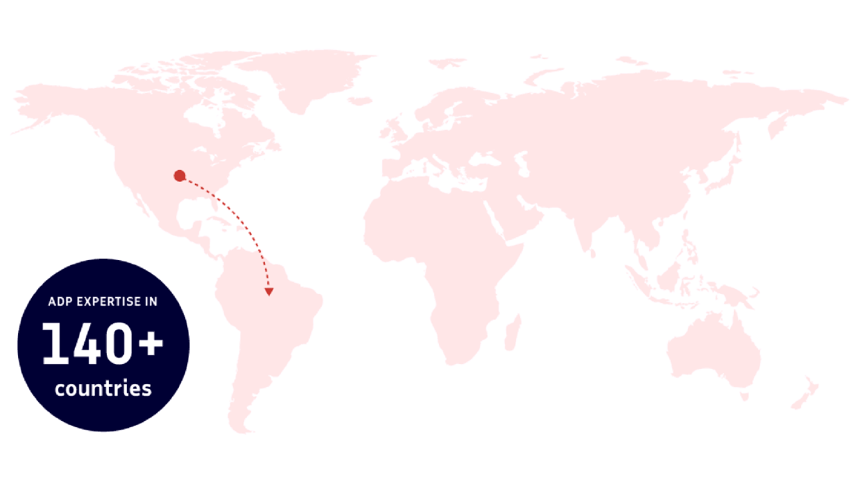 World map with pinpoints showing the continents where ADP does business and an inset statistic reading "ADP expertise in 140+ countries.