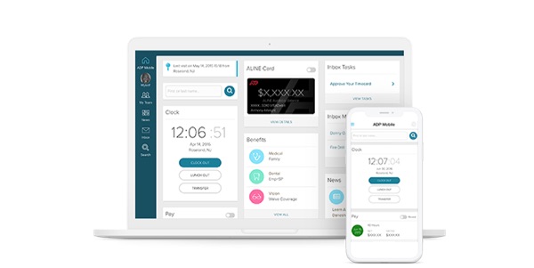 Screenshot of ADP Mobile Solutions clock-in dashboard on desktop and mobile devices