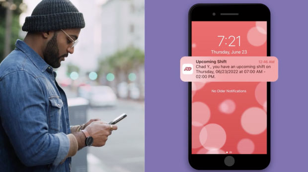 Split-screen image: person looking at their cell phone, and the phone's screen showing a notification from ADP Timekeeping Plus Scheduling app
