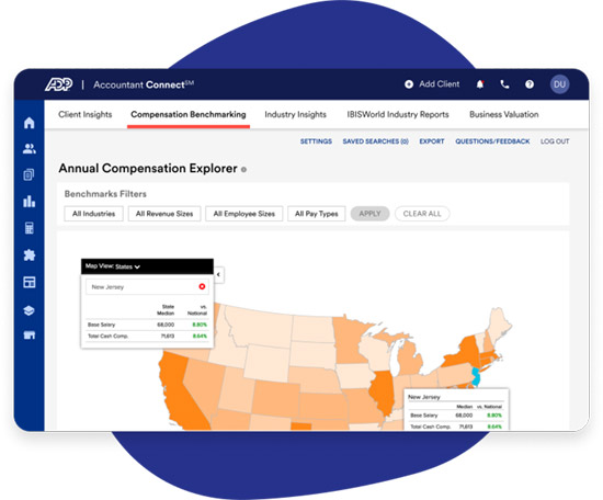 Software dashboard view of the Annual Compensation Explorer tool, displaying salary benchmarks at the US State Level. 