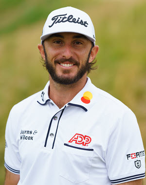 Photo of pro golfer Max Homa wearing a golf shirt with ADP logo among other sponsor logos