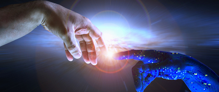 AI Technology and It's Value to Your Organization A human hand touches an artificial robot hand.
