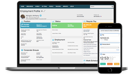 Screenshot of Vantage HCM team dashboard detailing the team schedule, time card overview, insights and tasks to do on laptop device and mobile device view of absence line chart