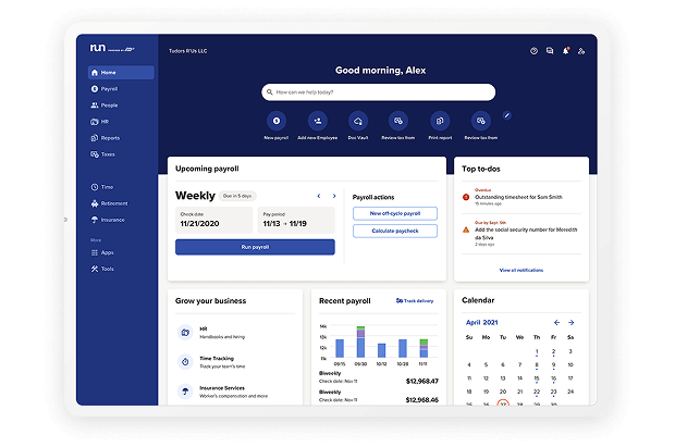 Screen shot of ADP payroll and HR platform homepage in a tablet device.