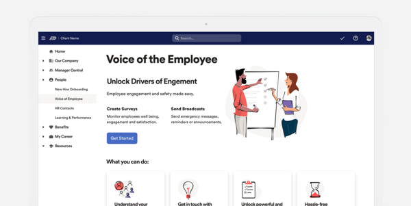 Voice of the Employee dashboard showing options to engage with employees