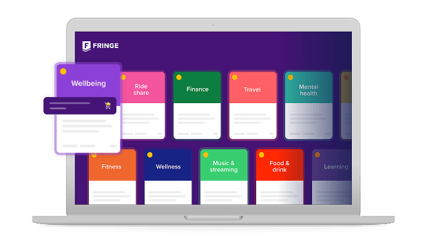 Laptop screen highlighting benefit areas Fringe provides including wellbeing, travel, mental health, and more