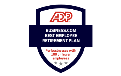 Business.com Best for small business badge showing ADP was named the best employee retirement plan